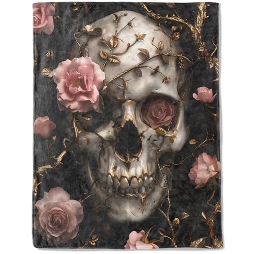 Skull Rose Floral Fleece Blanket,Gothic Blankets,Elegant Flower and Skeleton Decorative Throws for Cabin,Office,Sofa,Car,Travel,Lightweight Throw Gifts for Teens Women Goth Lovers 40”x50” - color: Skull, size: 40x50 inch