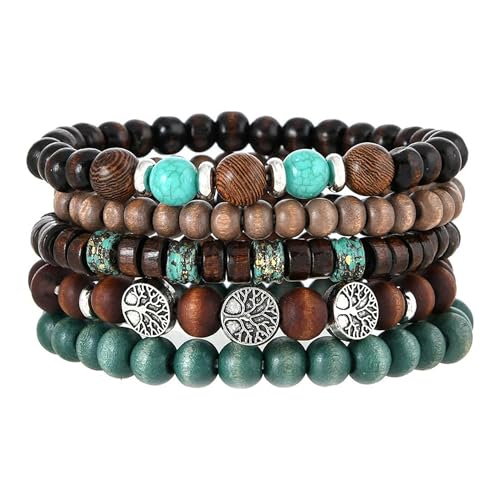 5pcs Wooden Bead Bracelet Set with Charm and Tassel for Men & Women - Stackable Boho Bracelets, Amber Color Scheme Adjustable Bracelet - color: Brown Cyan