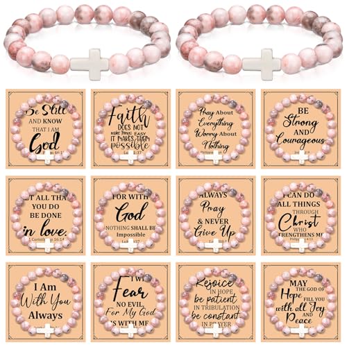 12 Set Christian Cross Bracelets Bulk Religious Cross Beaded Bracelet for Women Men 12 Natural Beaded Stuff Inspirational Cards Envelope Christian Jewelry Faith Gift (Classic Style,Pink) - color: Pink, size: Classic Style