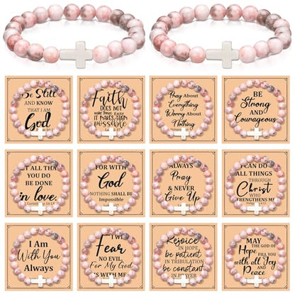 12 Set Christian Cross Bracelets Bulk Religious Cross Beaded Bracelet for Women Men 12 Natural Beaded Stuff Inspirational Cards Envelope Christian Jewelry Faith Gift (Classic Style,Pink) - color: Pink, size: Classic Style