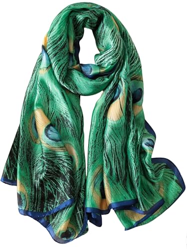 Large Shawl Scarf For Women Lightweight Wraps Silky Headscarf Long Sunscreen Scarfs - color: T23 Green Peacock Print / 70"x 35"
