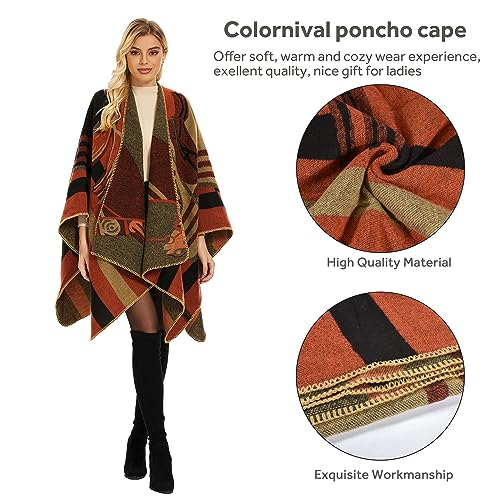 Shawl Wraps for Women, Elegant Knitted Cape Open Front Poncho Scarf Blanket Cardigan Coat for Spring, Autumn, and Winter - color: Orange Black