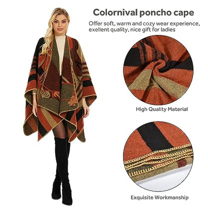 Shawl Wraps for Women, Elegant Knitted Cape Open Front Poncho Scarf Blanket Cardigan Coat for Spring, Autumn, and Winter - color: Orange Black