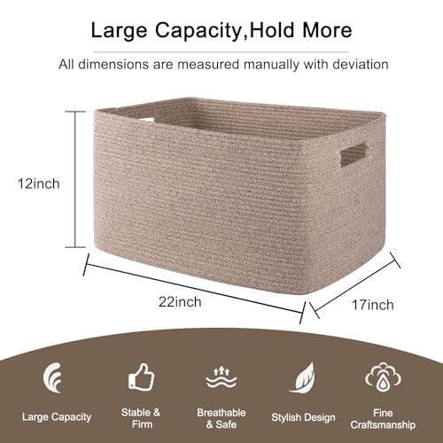 OIAHOMY 75L Large Woven Cotton Rope Storage Basket with Handle for Organizing Blanket and Toys for Living Room, Nursery, Brown Variegated 22”x17”x12”