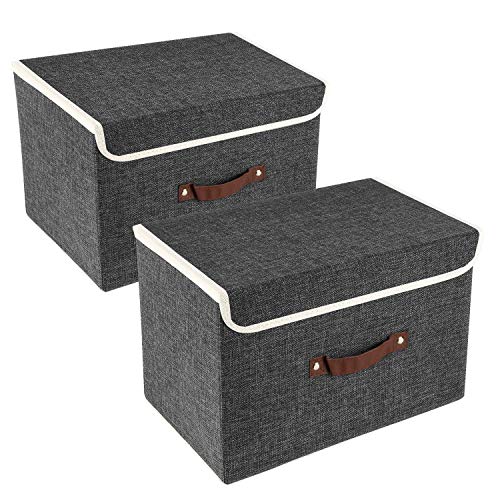 Collapsible Storage Boxes, Washable Fabric Storage Bins with Lids, 14.9x9.8x9.8 inches, 2 Pack, Black