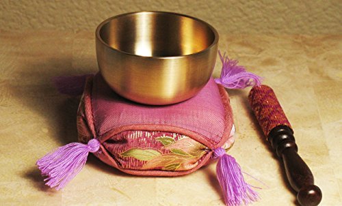Meditation Accessory Japanese Rin Gong Singing Bowl Set 2.7" dia with Cushion & Brocade Striker - Fuchsia - color: 2.7" Fuchsia