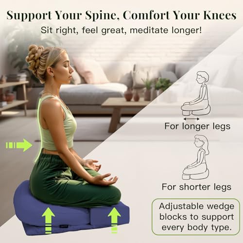 Syrinx Meditation Cushion Set – Zafu Yoga Floor Pillow with Knee Support Pads, Buckwheat Hull Filling, Carry Bag & Zabuton-Style Base - color: Blue