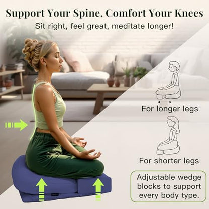 Syrinx Meditation Cushion Set – Zafu Yoga Floor Pillow with Knee Support Pads, Buckwheat Hull Filling, Carry Bag & Zabuton-Style Base - color: Blue