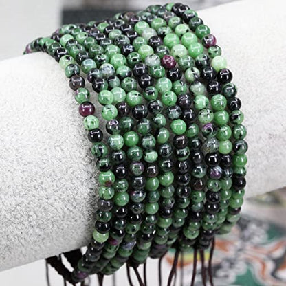 Keleny Natural Gemtones 4mm Round Beads Crystal Adjustable Braided Macrame Tassels Bracelets Unisex - color: Green Ruby in Zoisite