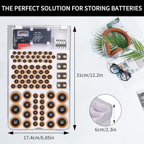 Battery Organizer Storage Box with Tester, Clear Lid Battery Organizer Storage Case, Holder Battery Carrying Case（Batteries are Not Included）