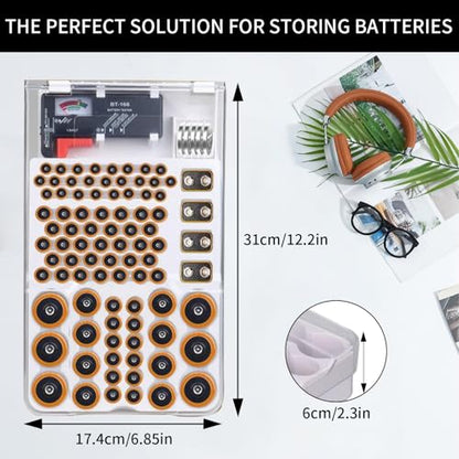 Battery Organizer Storage Box with Tester, Clear Lid Battery Organizer Storage Case, Holder Battery Carrying Case（Batteries are Not Included）