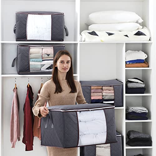 Lifewit 3 Pack 90L Clothes Storage Bins with Lids, Foldable Blanket Storage Bags with Zippers, Clear Window and Reinforced Handles, Closet and Organization for Clothing, Sweater, Comforter, Bedding - size: 90L