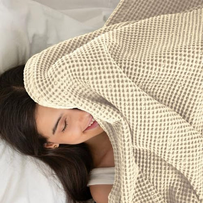 Waffle Blanket Queen Size Bed, 100% Cotton Soft Lightweight Breathable Summer Blanket, Waffle Weave Queen Size Bed Blanket: Beige (90"x90") - color: Beige, size: Queen (90" x 90")