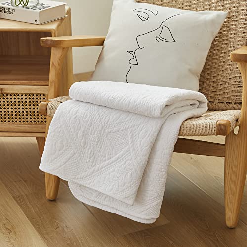 Brandream White Quilt Throw Blanket Cotton Throw Blanket for Bed Couch Day Bed Cover Solid Decorative Blankets 47 X 60 Inch