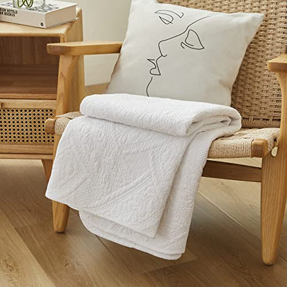 Brandream White Quilt Throw Blanket Cotton Throw Blanket for Bed Couch Day Bed Cover Solid Decorative Blankets 47 X 60 Inch