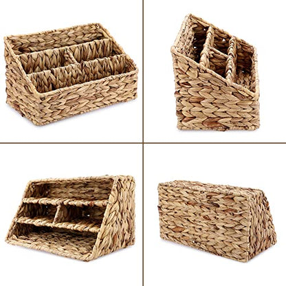 BTSKY Woven Divided Storage Basket Natural Hyacinth Vertical Wicker Storage Baskets 4 Compartments Desktop Home Office Supplies Sorter Rack