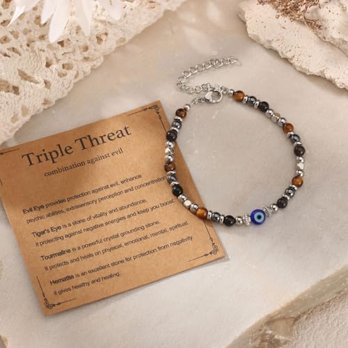 Triple Threat Protection Bracelet for Women,Evil Eye Natural Healing Crystal Beaded Bracelet for Protection - style: Evil Eye Bracelet