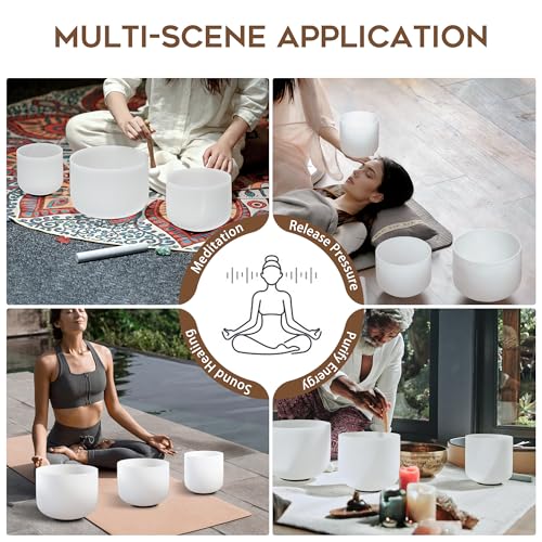 CVNC 440HZ 6" A Note 8" F Note and 10" C Note Frosted Quartz Crystal Singing Bowl Chakra Set of 3 with Carry Case Bag for Sound Healing Meditation - color: White-AFC, size: 6-10 inch