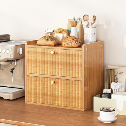 Trironsun Rustic Bread Box for Kitchen Countertop Bamboo Bread Storage Container Bin Double Layer BreadBox Farmhouse Large Capacity Food Organizer (Natural Bamboo) - color: Natural Bamboo