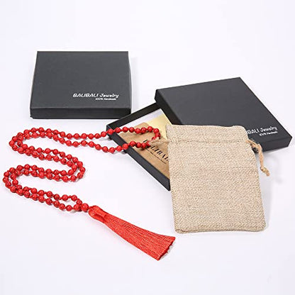 6MM Mala Beads Necklace Natural Amazonite Stone Meditation Statement Necklace Japa Yoga Rosary Prayer Charm Beaded Tassel Necklace - style: Natural Red Turquoise