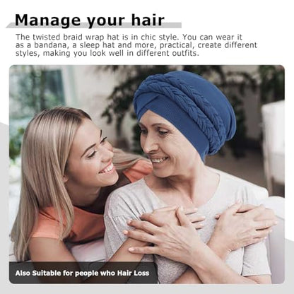 DRESHOW African Turban for Women Knotted Hairwraps for Sleeping Turban Headwraps Head Warmer Scarf for Black Women Chemo Cap - color: 1 Pc Double Twisted Braids: Navy Blue
