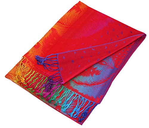 PASKMLNA Double Side Multi Colors Silky Tropical Colorful Exotic Pashmina Wrap Shawl Scarf Rave - color: 050-red Multi Feathers