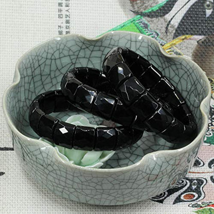 Keleny Gemstones Semi Precious 15mm Square Grain Faceted Beaded Stretch Bangle 7.5 Inch Unisex - color: Black Obsidian