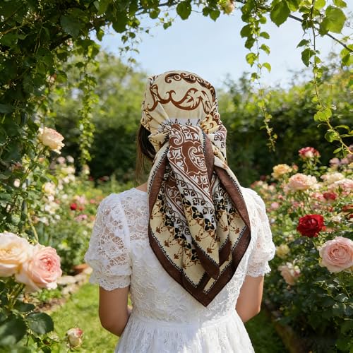 35" Head Scarf Large Square Scarf Like Cotton Hairscarf Fashion Scarves Bandana Night Sleeping Wraps for Women B01 - color: Coffee Paisley