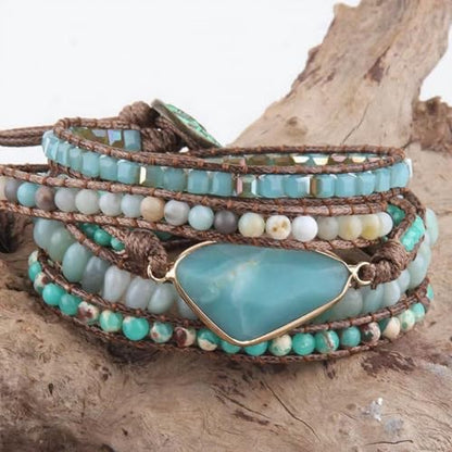 Boho Wrap Bracelet for Women, Handmade Natural Imperial Jasper Multi-Layer Stone Beaded Bracelet, Bohemian Healing Crystal Stone Jewelry Gifts - color: Amazonite #3