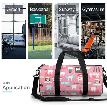 Teeth Dental Seamless Pattern Pink Cylindrical Portable Fitness Bag, Large Capacity Handbag - color: Teeth Dental Seamless Pattern Pink