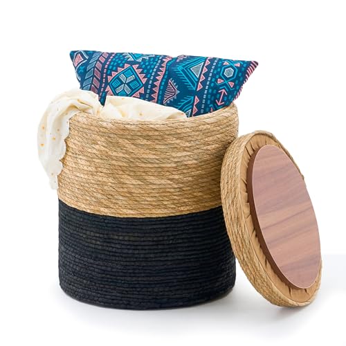 Round Pouf Ottomans, Handwoven Natural Water Hyacinth Seagrass Pouffe,Outdoor Rattan Stool Accent Seat, Bohemian Coastal Home Decor (Storage -14inch Natural Cattail & Black Corn Shell) - color: Storage -14inch Natural Cattail & Black Corn Shell
