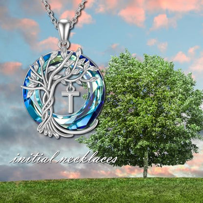TOUPOP Gifts for Women Tree of Life Initial Necklace 925 Sterling Silver Letter Pendant with Blue Crystal Birthday Jewelry Gifts for Women Her Mom Wife Daughter - color: Tree of Life T Initial