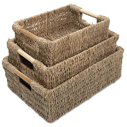 Seagrass Baskets with Wooden Handles, Set of 3 Decorative Natural Wicker Baskets for Kitchen - color: Seagrass, size: Set of 3 (Small, Medium, Large)