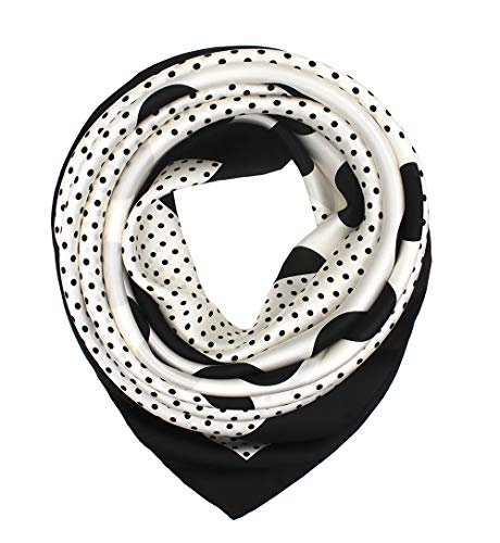 ANDANTINO 100% Pure Mulberry Silk Scarf 35" Large Square Lightweight Headscarf –Women’s Hair Wraps-With Gift Packed - color: Black&ivory Polka Dots