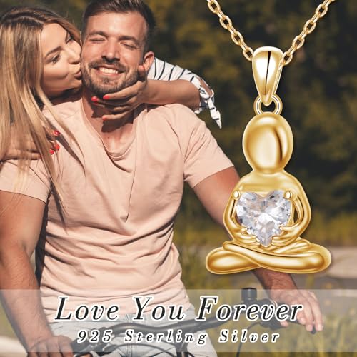 S925 Sterling Silver Meditating Fairy Pendant Neckalce for Women Figure Hugging Heart CZ Zen-Inspired Jewelry for Yoga Meditation