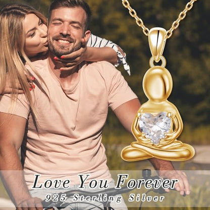 S925 Sterling Silver Meditating Fairy Pendant Neckalce for Women Figure Hugging Heart CZ Zen-Inspired Jewelry for Yoga Meditation