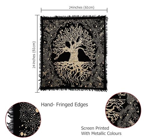 Indian Consigners Tree of Life Altar Cloth Tapestry Tablecloth Celtic Trees Ritual Spiritual Cloth for Sacred Places, Cotton Square Tarot Table Cover 24 by 24 Sacred - color: Golden Trunk Tree, size: 24" x 24" (Square)