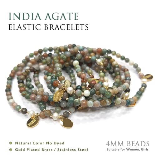 Morchic 4mm Natural Gemstone Beads Stretch Bracelet for Women, With Freshwater Pearls, Energy Gem Birthday Gift for Her 7.2” - color: India Agate
