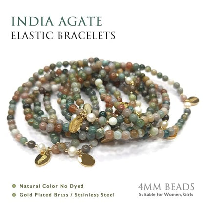 Morchic 4mm Natural Gemstone Beads Stretch Bracelet for Women, With Freshwater Pearls, Energy Gem Birthday Gift for Her 7.2” - color: India Agate