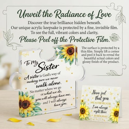 Yookeer Sister Gifts from Sisters, Unique Sister Birthday Acrylic Puzzle Shaped Plaque Sunflower Desk Decorations and Card Present for Big Sisters Mothers Day Wedding Graduation Birthday