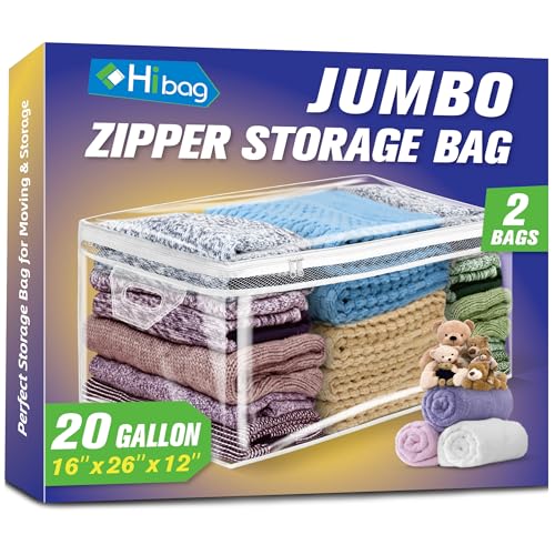 HIBAG 20 Gallon Large Storage Bag for Clothes, Zipper Clothing Storage Bag, Clear Organizer with Reinforced Handles, for Comforters Blankets Pillows Bedding (2 Pack) - size: 20 gal Clear - 2 pack