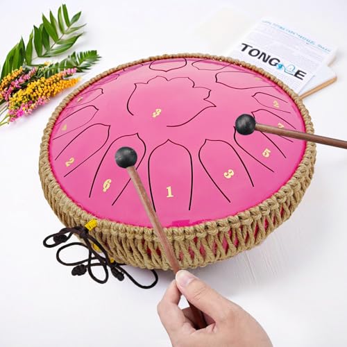 BETESINE 13-Inch 15-Note Steel Tongue Drum in C Major, Beginner-Friendly Meditation Drum with Mallets, Music Book, Finger Picks, Carry Bag & Note Stickers, Rose Pink