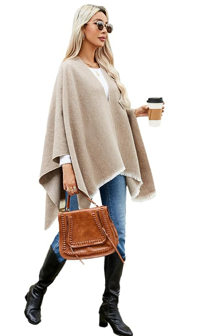 Women's Shawls Wrap Poncho Soft Capes Open Front Cardigan Large Blanket Wraps Shawl Knitted Cloak Cardigan Warm - color: New-khaki