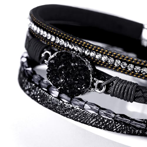 Fesciory Leopard Bracelet for Women, Boho Leather Wrap Multi-Layer Pearl Crystal Bracelet Bangle Jewelry - style: Black Stone(Short)