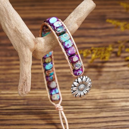 Women Boho Handmade Natural Stone Crystal Leather Bead Wrap Bracelets Collection - style: Purple Blue Jasper 1W