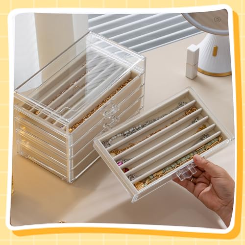 Necklace Organizer Box with 5 Drawers 30 Compartments, Dustproof Velvet Necklace Display Tray, Acrylic Necklaces Display Case, Pendant Chains Necklace Storage Tray Gift for Women and Girls (Beige) - color: Beige