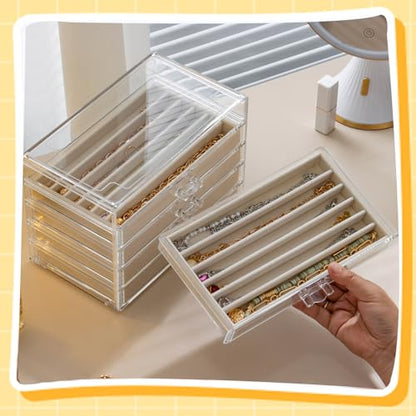 Necklace Organizer Box with 5 Drawers 30 Compartments, Dustproof Velvet Necklace Display Tray, Acrylic Necklaces Display Case, Pendant Chains Necklace Storage Tray Gift for Women and Girls (Beige) - color: Beige