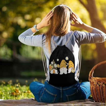 Sunflower Bee Cute Cartoon Gnome Black Portable Canvas Drawstring Backpack with Drawstring Pockets 30x40cm - color: Sunflower Bee Cute Cartoon Gnome Black, size: 30x40cm
