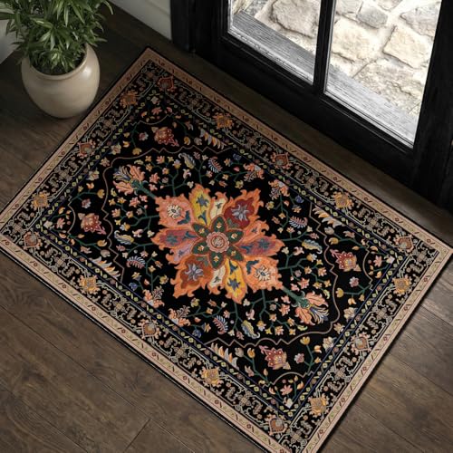 RELEANY Area Rugs Small 2'x3' Washable Non-Slip, Floral Vintage Distress Medallion Carpet for Kitchen Entryway Bathroom, Black Colorful Floral Dark Tan - color: Black/Colorful, size: 2' X 3' (Rectangular)
