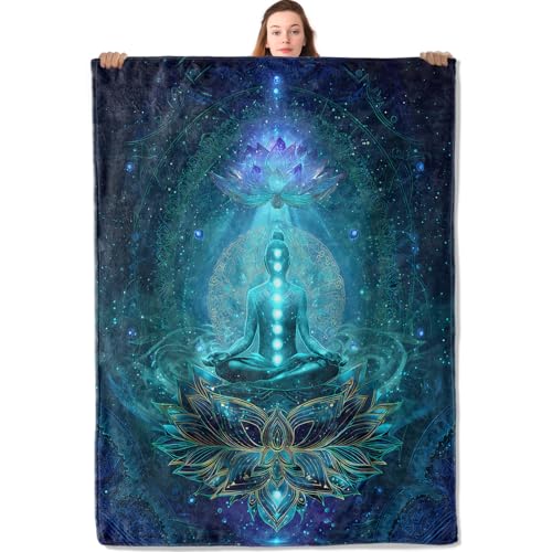 Mystical Lotus Flower Flannel Blanket Blue Chakra Design Warm Lightweight Throw Blankets for Sofa Picnic Travel and Gathering Decorate All Season Use Yoga and Meditation Lovers Gifts 40x50in - color: Lotus Flower, size: 40x50 Inch